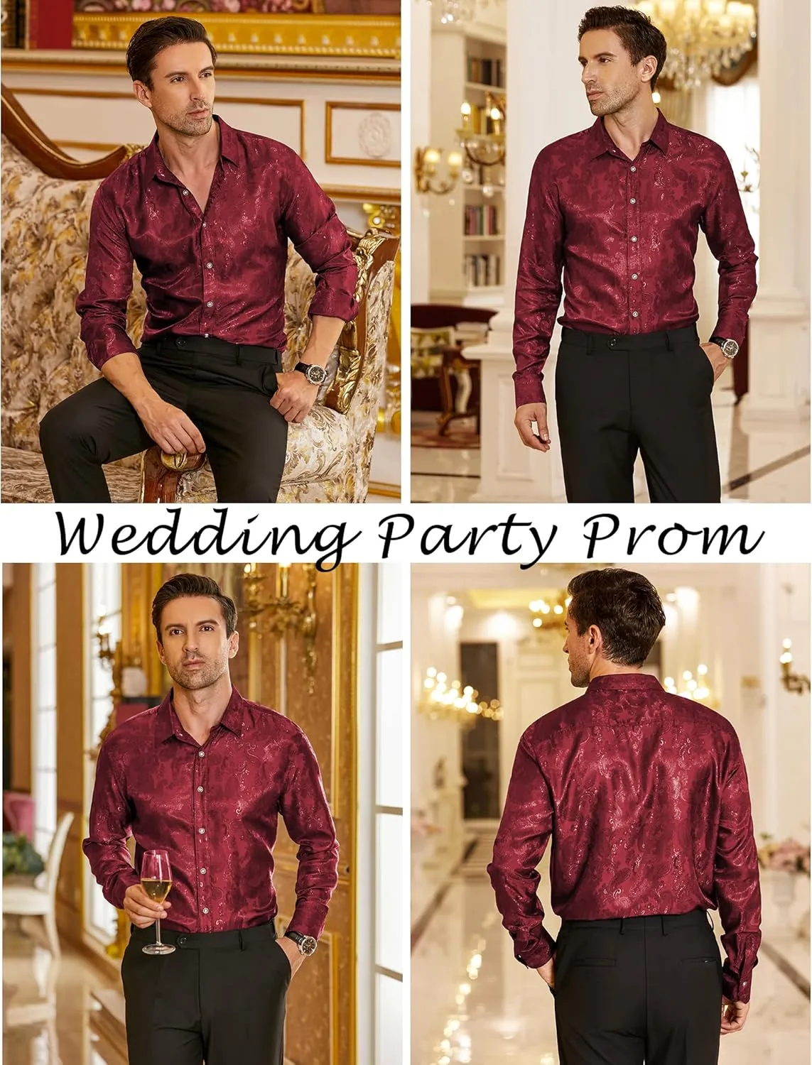 COOFANDY Men's Silk Satin Dress Shirt Long Sleeve Floral Printed Shirt Paisley Button Down Shirts for Wedding Party Prom