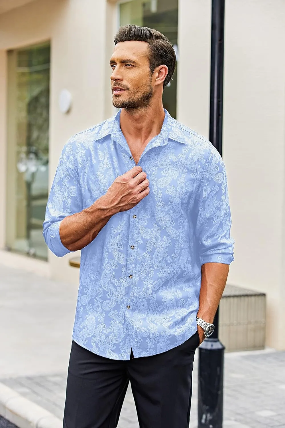 COOFANDY Men's Silk Satin Dress Shirt Long Sleeve Floral Printed Shirt Paisley Button Down Shirts for Wedding Party Prom