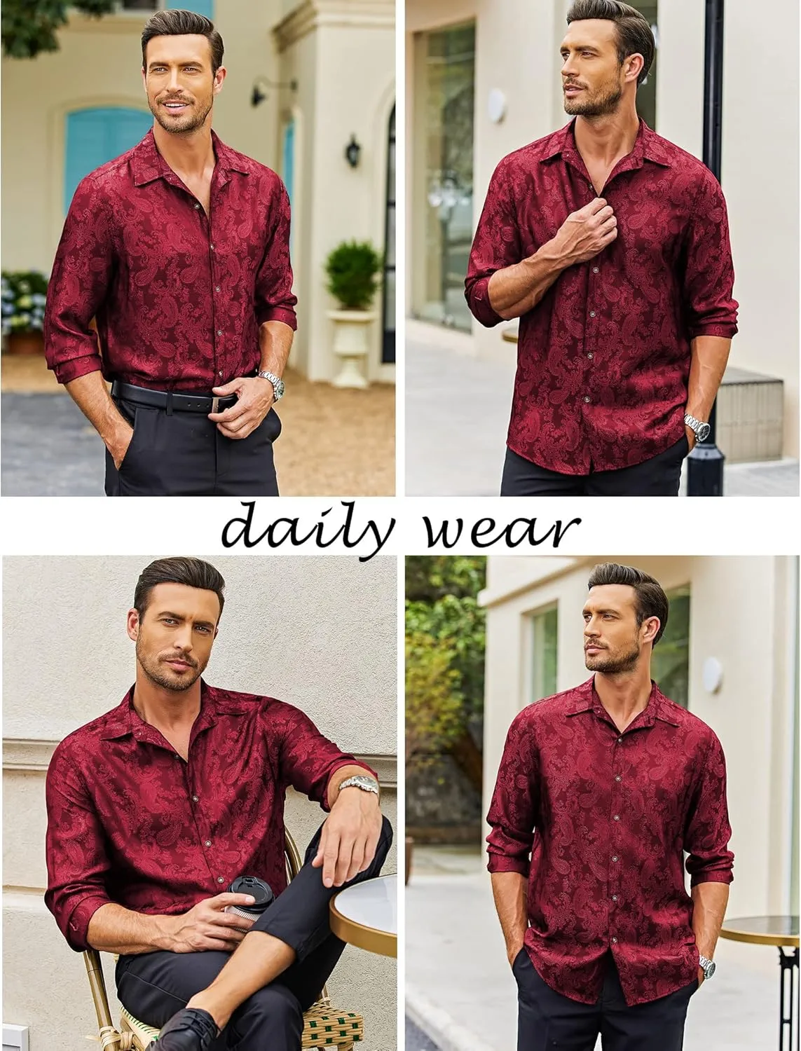 COOFANDY Men's Silk Satin Dress Shirt Long Sleeve Floral Printed Shirt Paisley Button Down Shirts for Wedding Party Prom