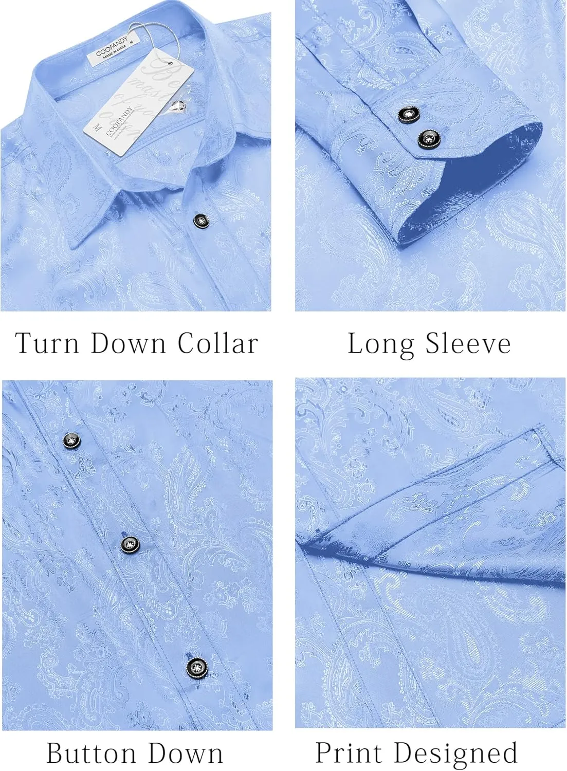 COOFANDY Men's Silk Satin Dress Shirt Long Sleeve Floral Printed Shirt Paisley Button Down Shirts for Wedding Party Prom