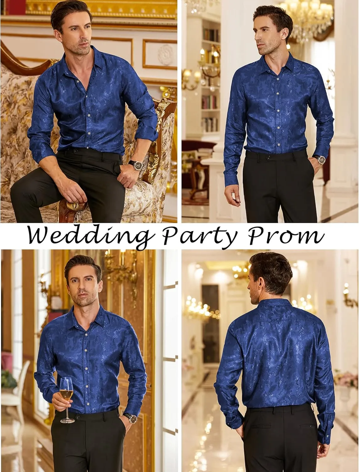 COOFANDY Men's Silk Satin Dress Shirt Long Sleeve Floral Printed Shirt Paisley Button Down Shirts for Wedding Party Prom