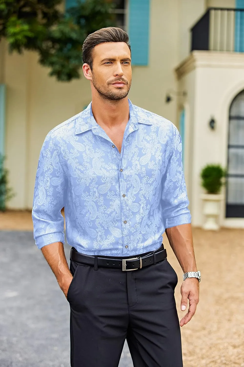 COOFANDY Men's Silk Satin Dress Shirt Long Sleeve Floral Printed Shirt Paisley Button Down Shirts for Wedding Party Prom