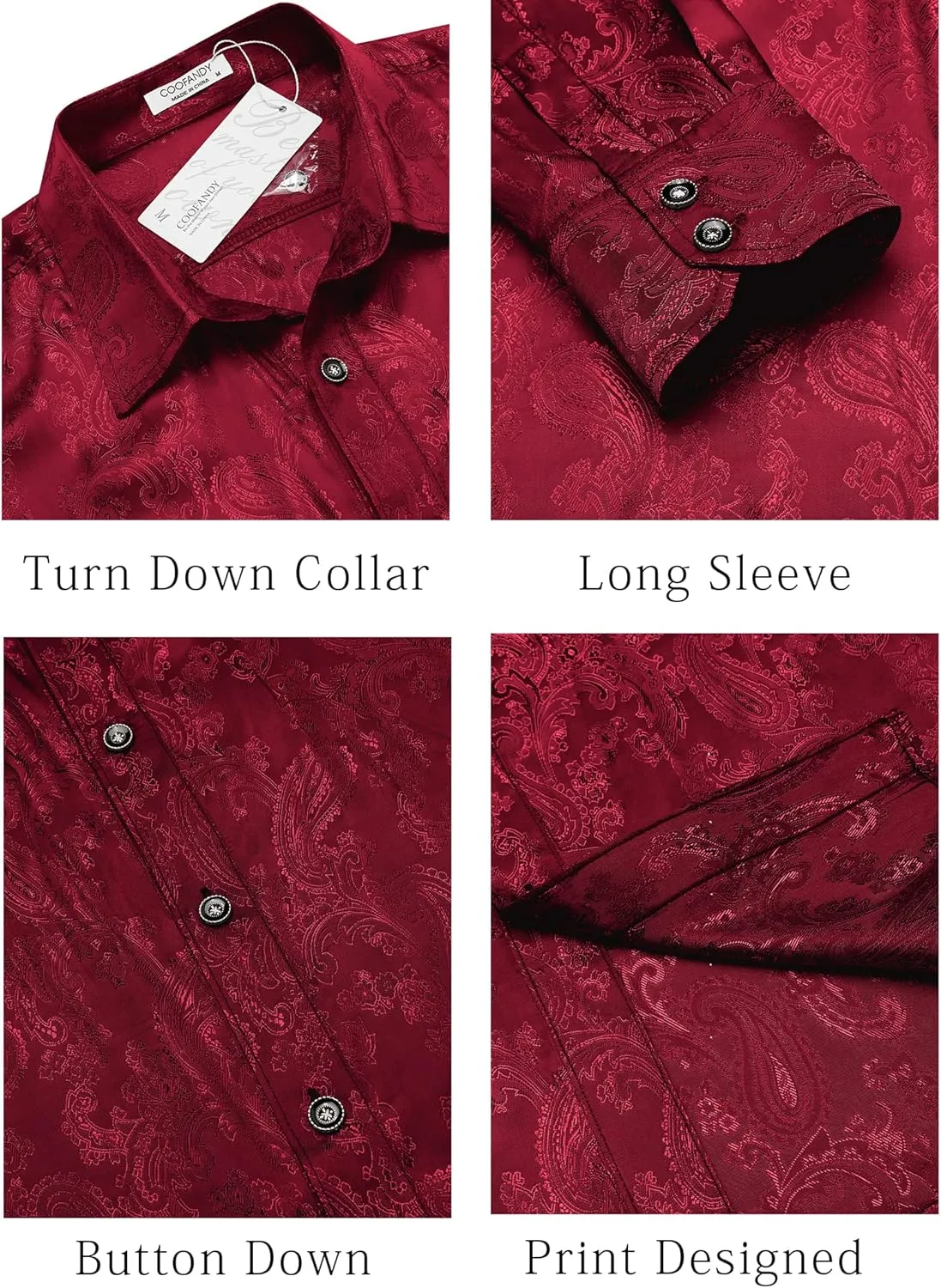 COOFANDY Men's Silk Satin Dress Shirt Long Sleeve Floral Printed Shirt Paisley Button Down Shirts for Wedding Party Prom