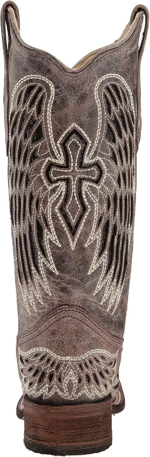Corral Boots Women's Black Glitter Inlay Cross and Wings Embroidery Square Toe Cowboy Boot
