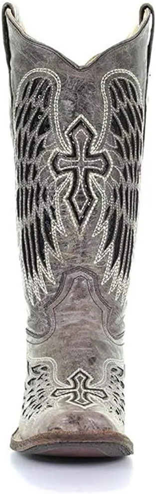 Corral Boots Women's Black Glitter Inlay Cross and Wings Embroidery Square Toe Cowboy Boot
