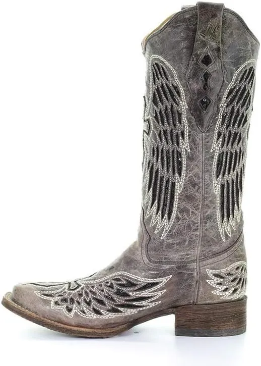 Corral Boots Women's Black Glitter Inlay Cross and Wings Embroidery Square Toe Cowboy Boot