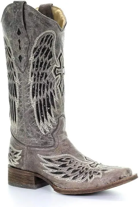 Corral Boots Women's Black Glitter Inlay Cross and Wings Embroidery Square Toe Cowboy Boot
