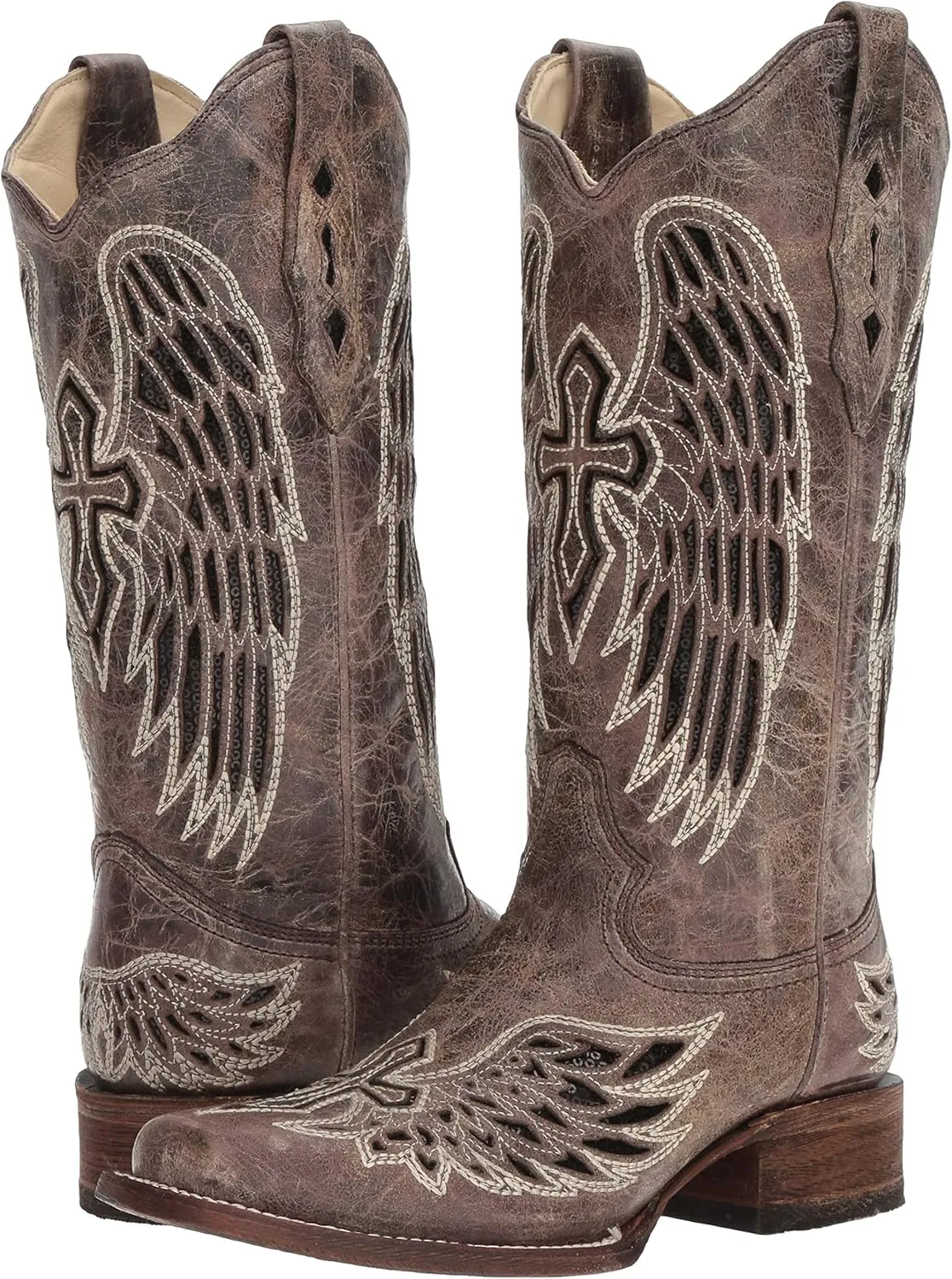 Corral Boots Women's Black Glitter Inlay Cross and Wings Embroidery Square Toe Cowboy Boot