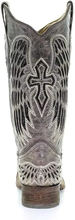 Corral Boots Women's Black Glitter Inlay Cross and Wings Embroidery Square Toe Cowboy Boot