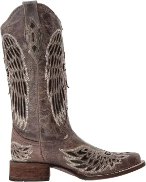 Corral Boots Women's Black Glitter Inlay Cross and Wings Embroidery Square Toe Cowboy Boot
