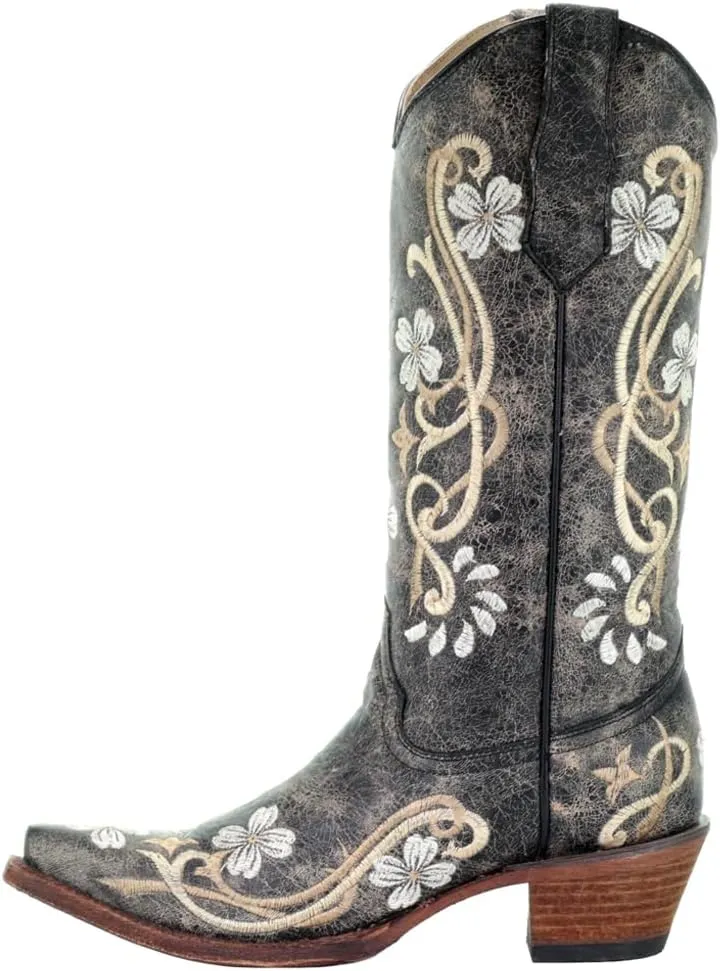 Corral Boots Womens Embroidered Snip Toe Casual Boots Knee High Mid Heel 2-3" - Black