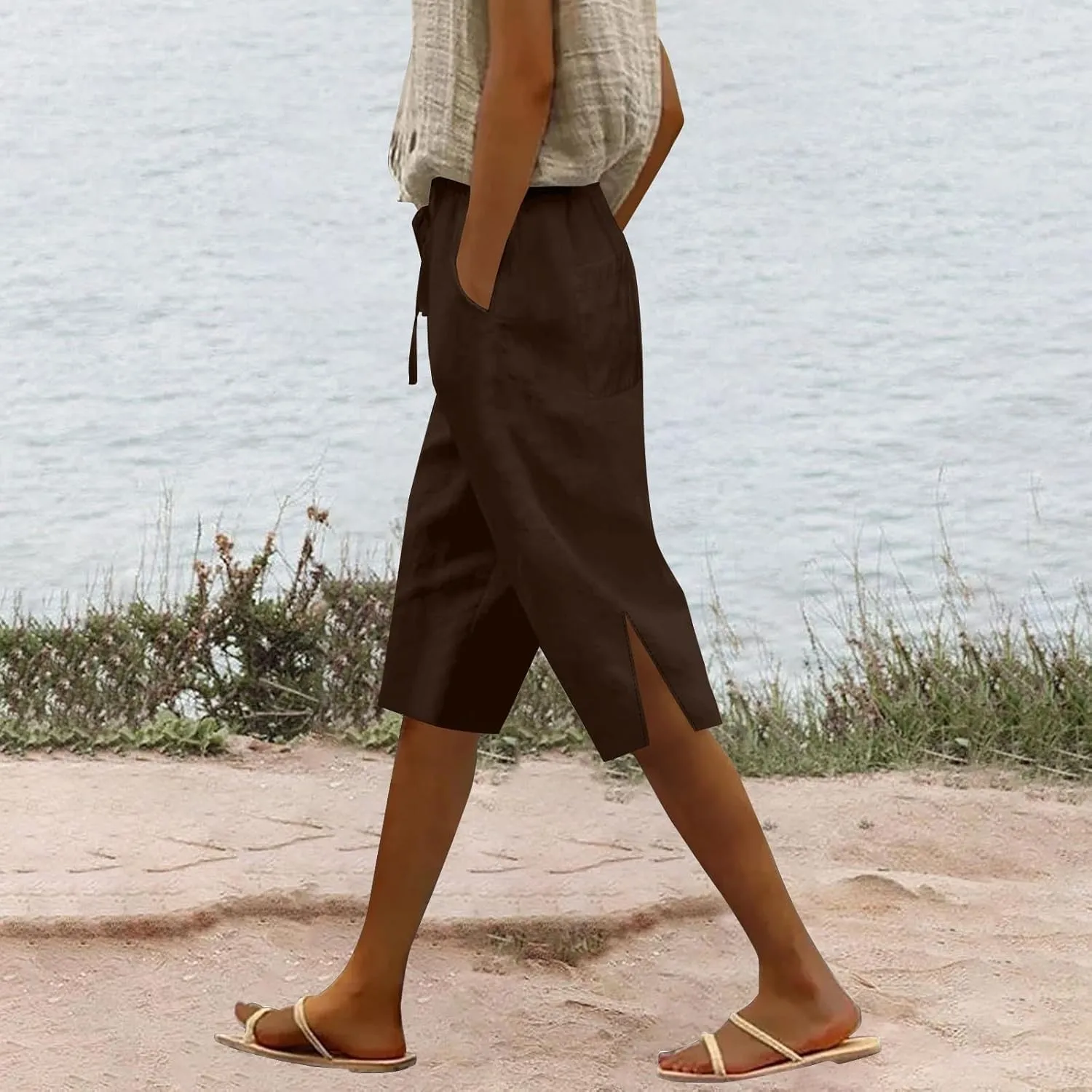 Cotton Linen Women's Five Quarter Pants 2025 Casual Double Side Large Pocket Pant Elastic Waist Summer Slit Legs Pants