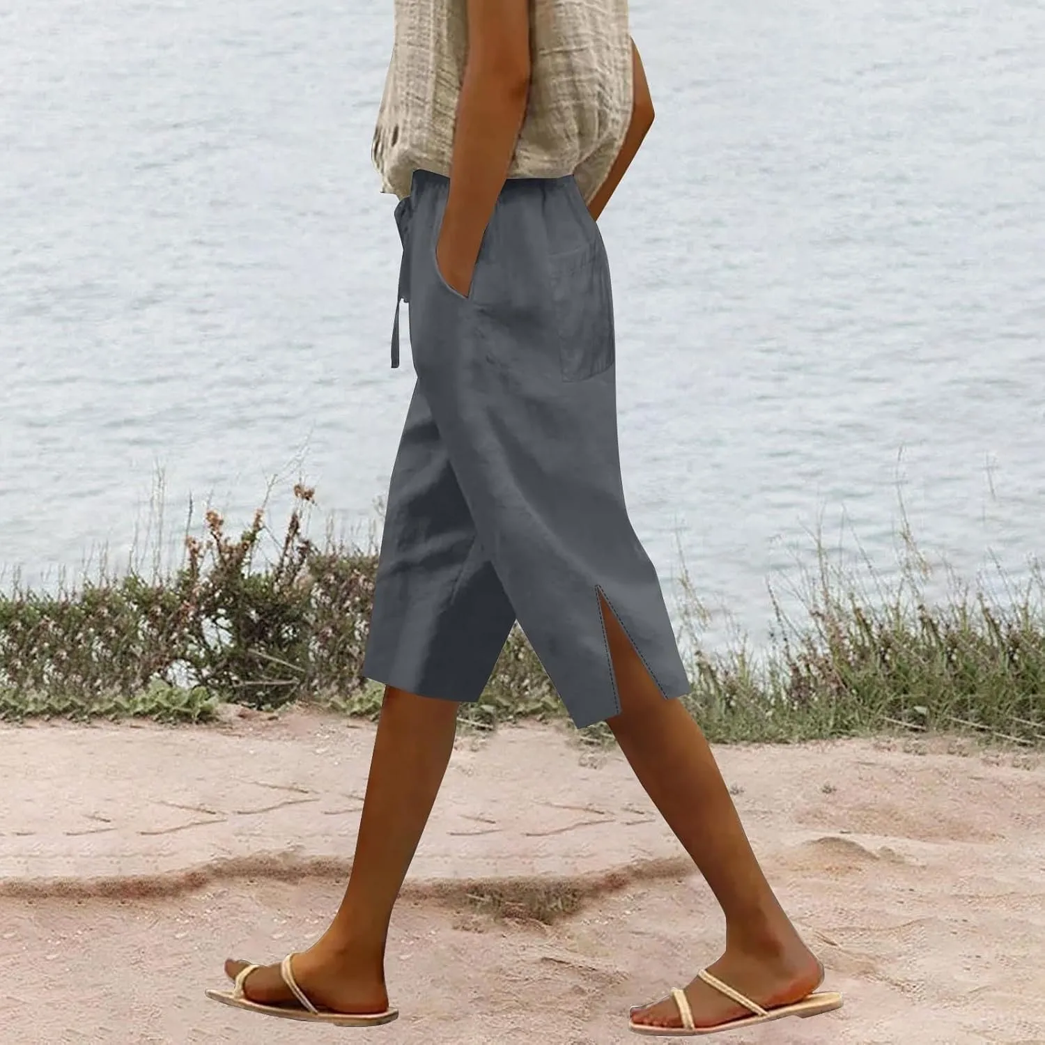 Cotton Linen Women's Five Quarter Pants 2025 Casual Double Side Large Pocket Pant Elastic Waist Summer Slit Legs Pants