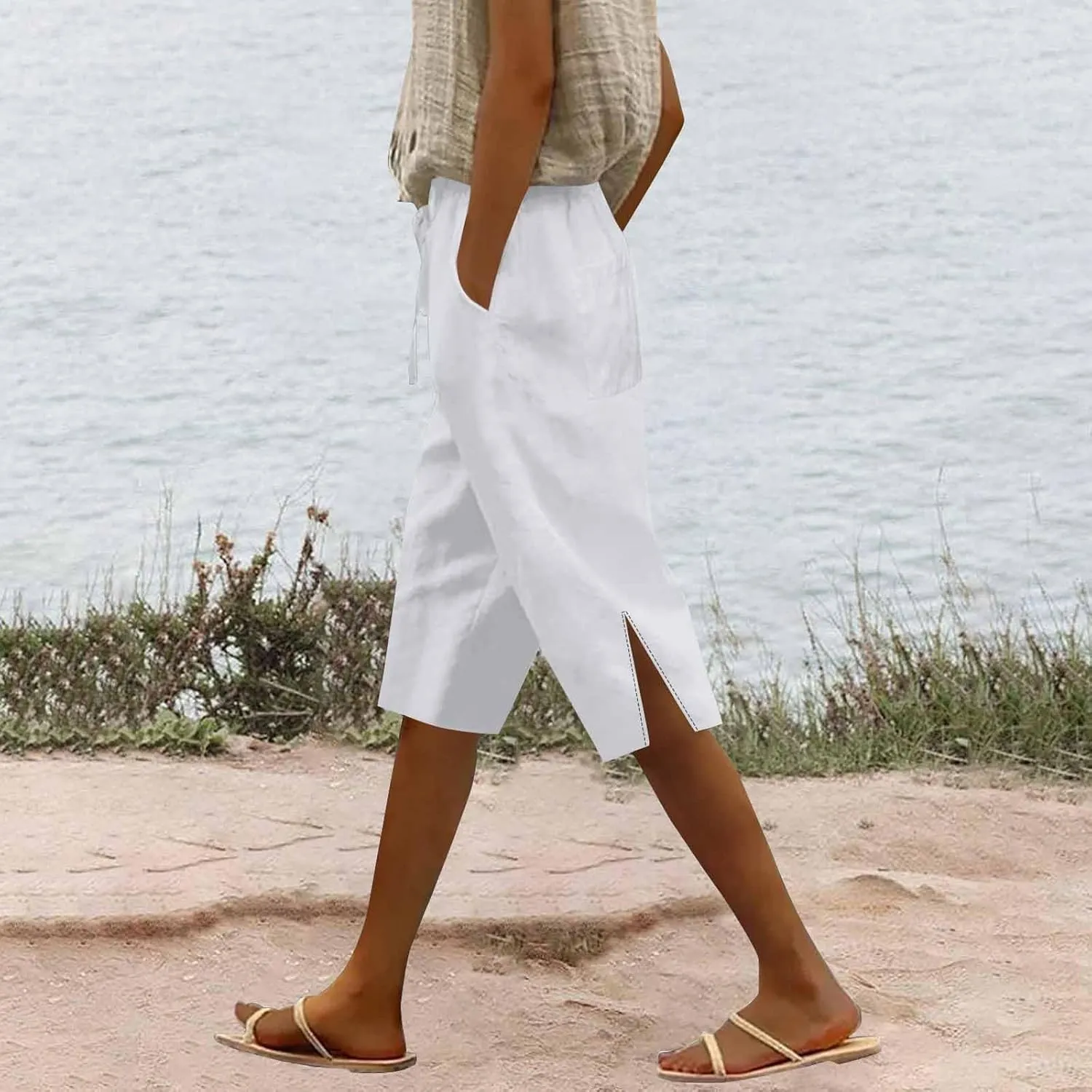 Cotton Linen Women's Five Quarter Pants 2025 Casual Double Side Large Pocket Pant Elastic Waist Summer Slit Legs Pants