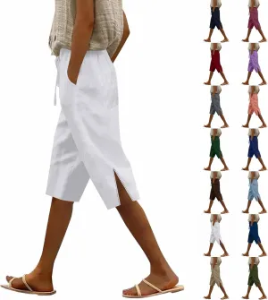 Cotton Linen Women's Five Quarter Pants 2025 Casual Double Side Large Pocket Pant Elastic Waist Summer Slit Legs Pants