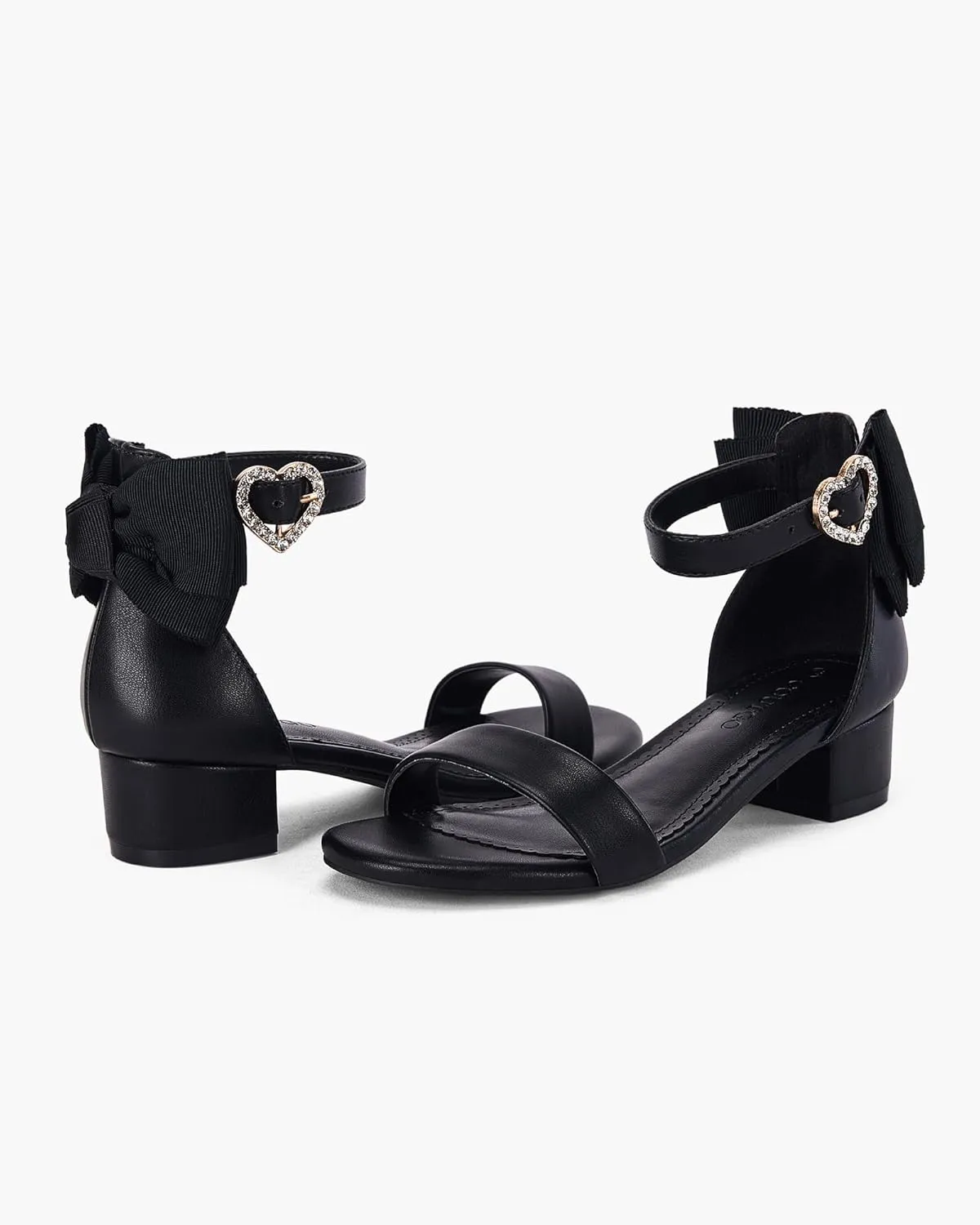 Coutgo Girl's Bow Tie Heeled Sandals Open Toe Chunky Low Heel Rhinestone Princess Dress Shoes