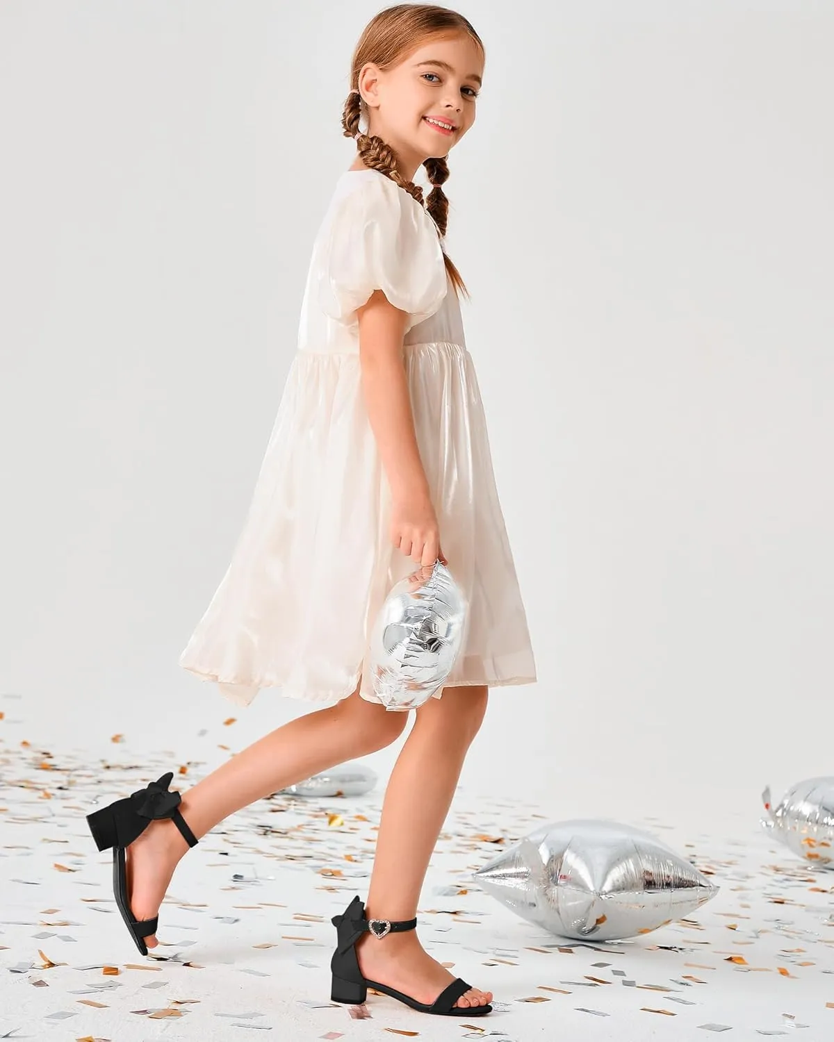 Coutgo Girl's Bow Tie Heeled Sandals Open Toe Chunky Low Heel Rhinestone Princess Dress Shoes