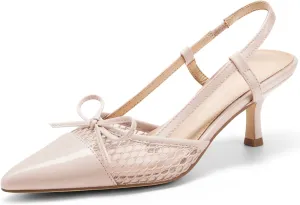 Coutgo Women‘s Bow Tie Slingback Pumps Pointed Toe Kitten Low Heel Patchwork Dress Heeled Sandals