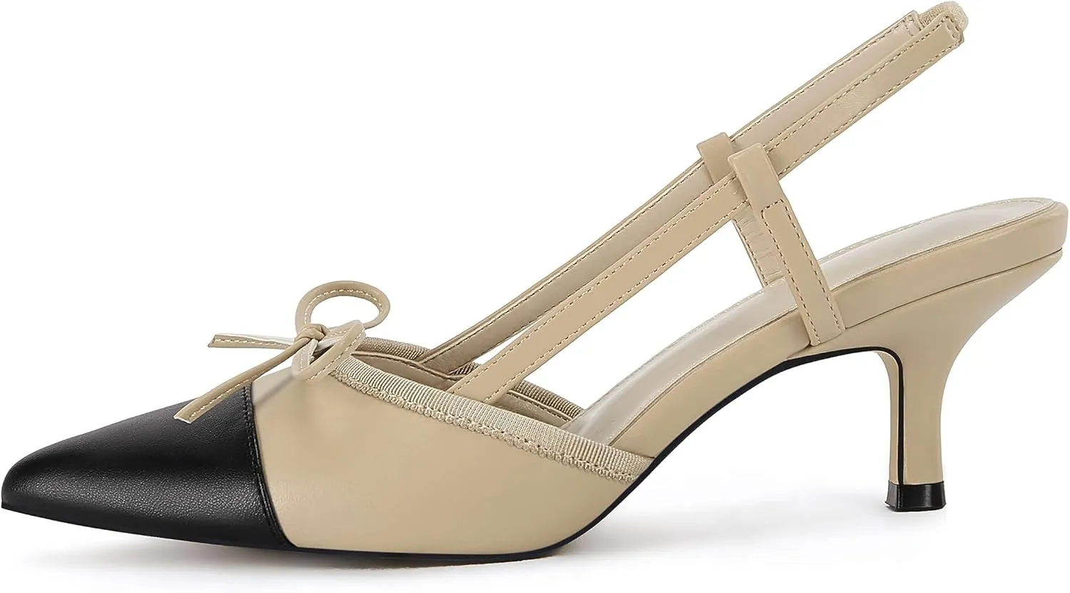 Coutgo Women‘s Bow Tie Slingback Pumps Pointed Toe Kitten Low Heel Patchwork Dress Heeled Sandals