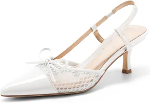Coutgo Women‘s Bow Tie Slingback Pumps Pointed Toe Kitten Low Heel Patchwork Dress Heeled Sandals