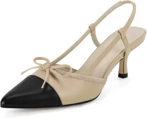 Coutgo Women‘s Bow Tie Slingback Pumps Pointed Toe Kitten Low Heel Patchwork Dress Heeled Sandals