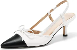 Coutgo Women‘s Bow Tie Slingback Pumps Pointed Toe Kitten Low Heel Patchwork Dress Heeled Sandals