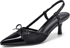 Coutgo Women‘s Bow Tie Slingback Pumps Pointed Toe Kitten Low Heel Patchwork Dress Heeled Sandals