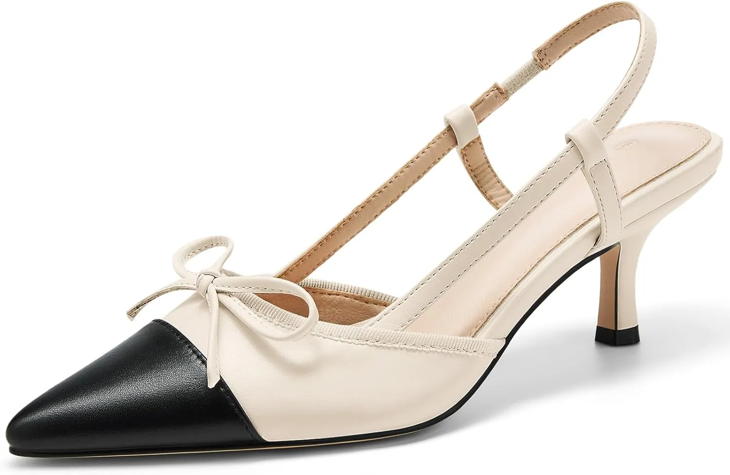 Coutgo Women‘s Bow Tie Slingback Pumps Pointed Toe Kitten Low Heel Patchwork Dress Heeled Sandals
