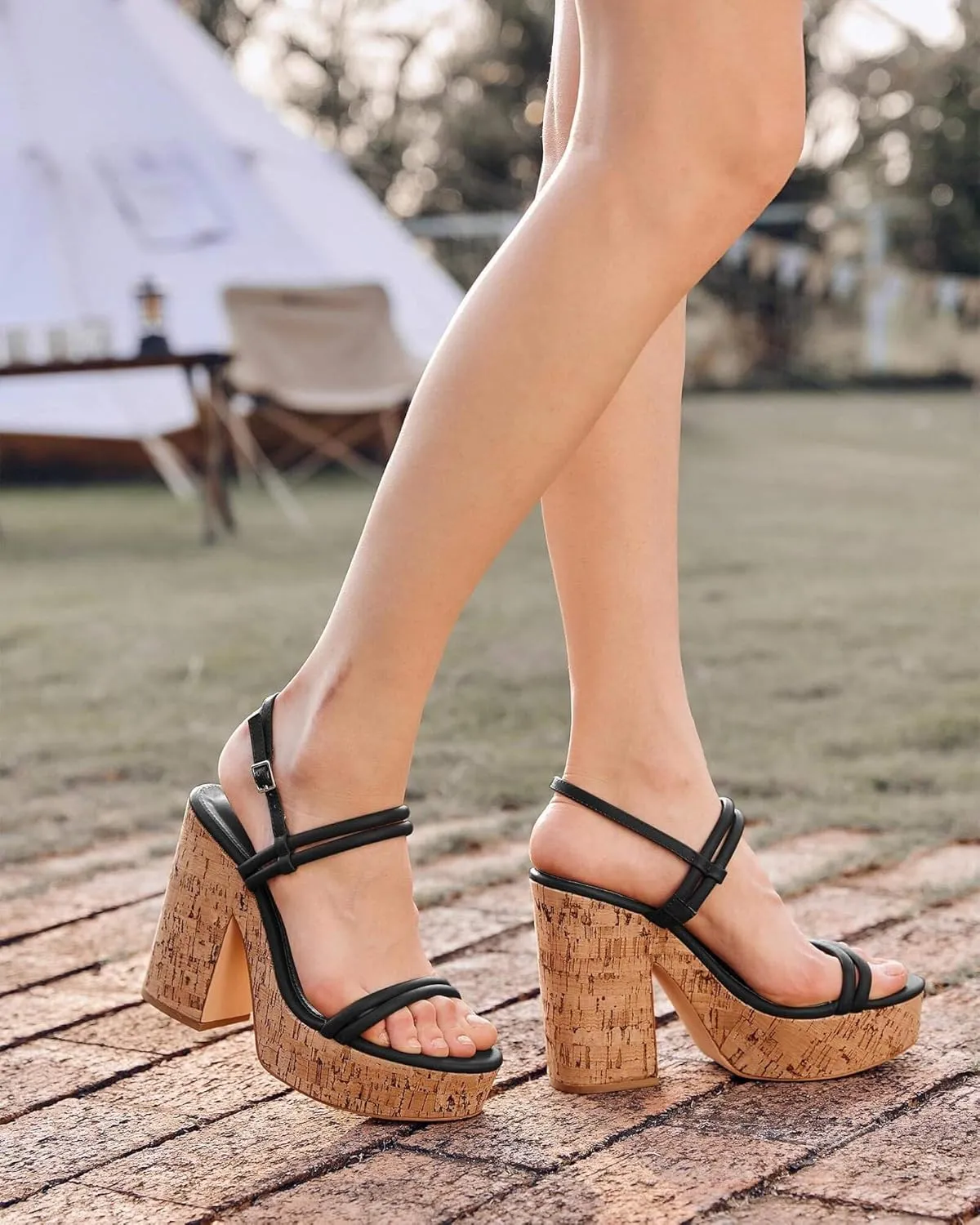 Coutgo Womens Cork Wedge Sandals Heels Open Toe High Heel Platform Slingback Ankle Strap Buckle Summer Dressy Shoes