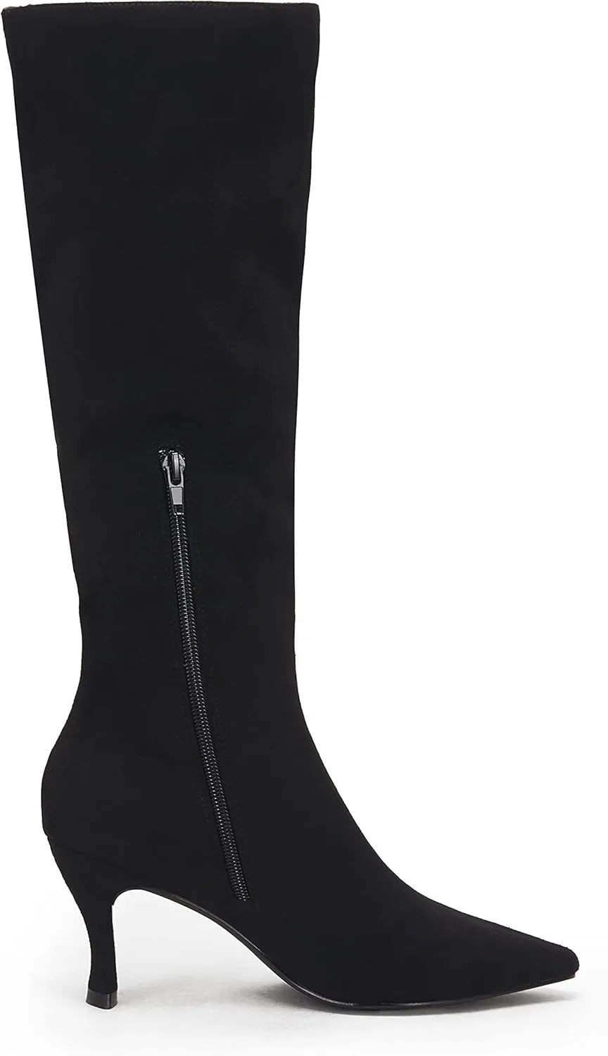 Coutgo Womens Knee High Boots Pointed Toe Kitten Heel Side Zipper Stretchy Vegan Suede Comfort Fall Winter Boot
