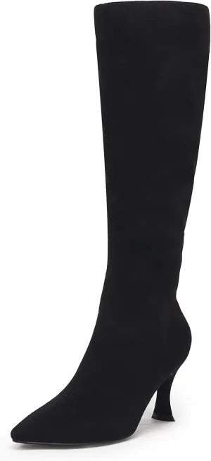 Coutgo Womens Knee High Boots Pointed Toe Kitten Heel Side Zipper Stretchy Vegan Suede Comfort Fall Winter Boot