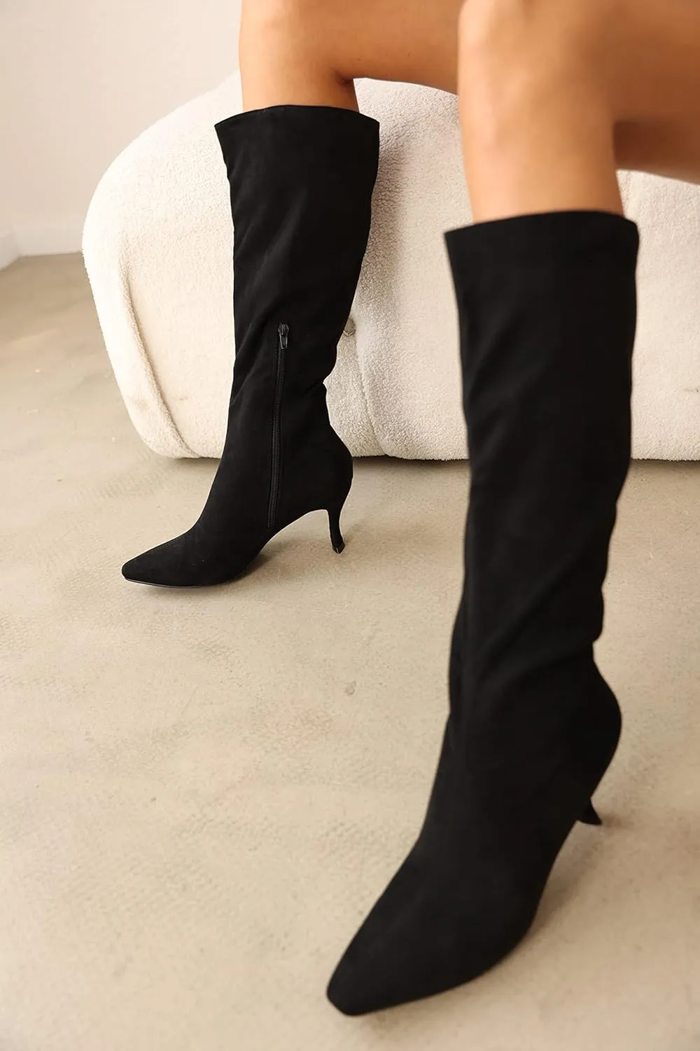 Coutgo Womens Knee High Boots Pointed Toe Kitten Heel Side Zipper Stretchy Vegan Suede Comfort Fall Winter Boot