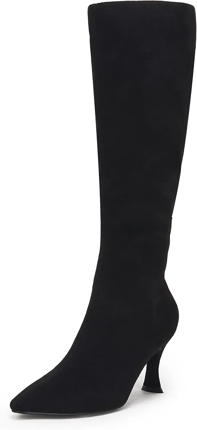 Coutgo Womens Knee High Boots Pointed Toe Kitten Heel Side Zipper Stretchy Vegan Suede Comfort Fall Winter Boot