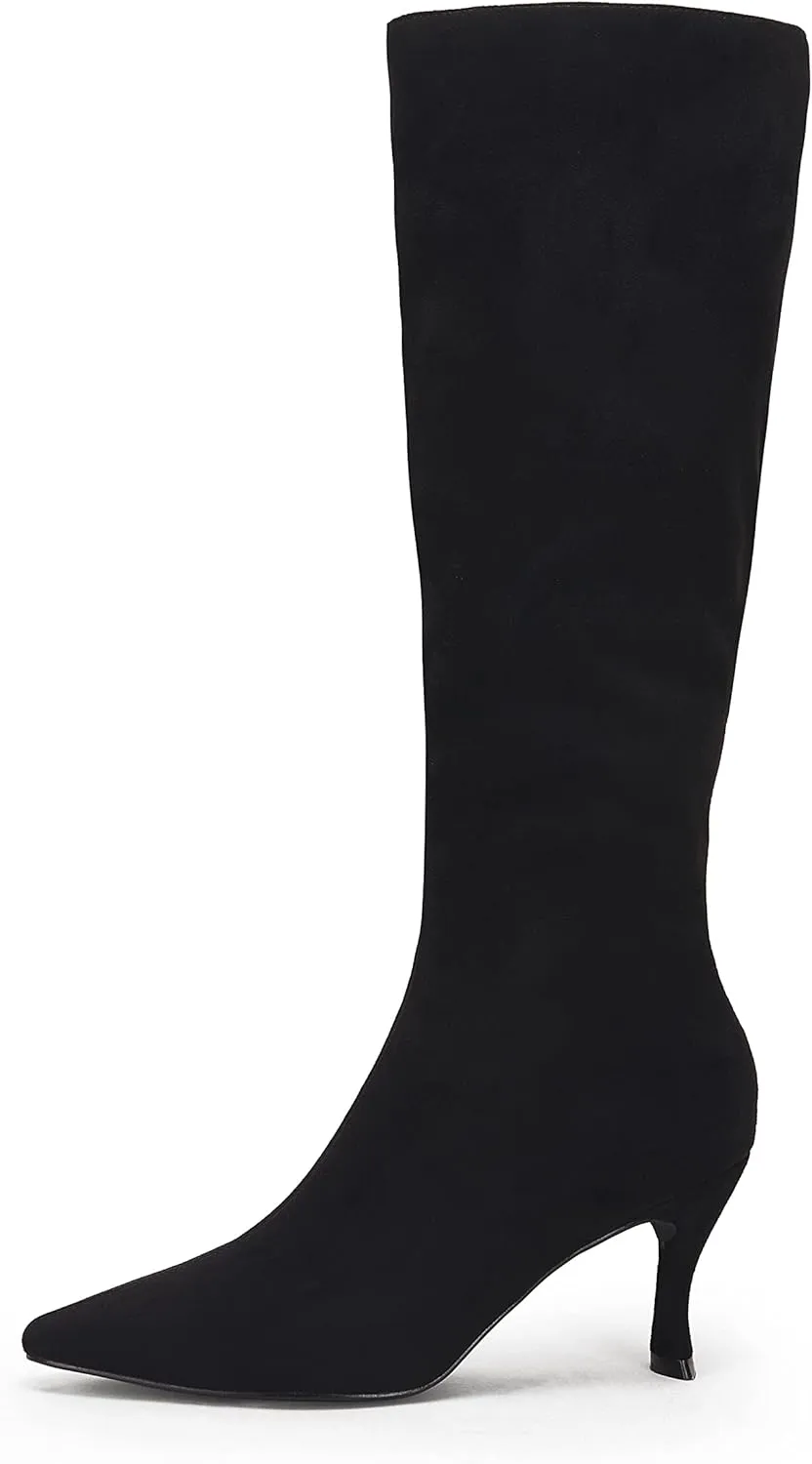 Coutgo Womens Knee High Boots Pointed Toe Kitten Heel Side Zipper Stretchy Vegan Suede Comfort Fall Winter Boot