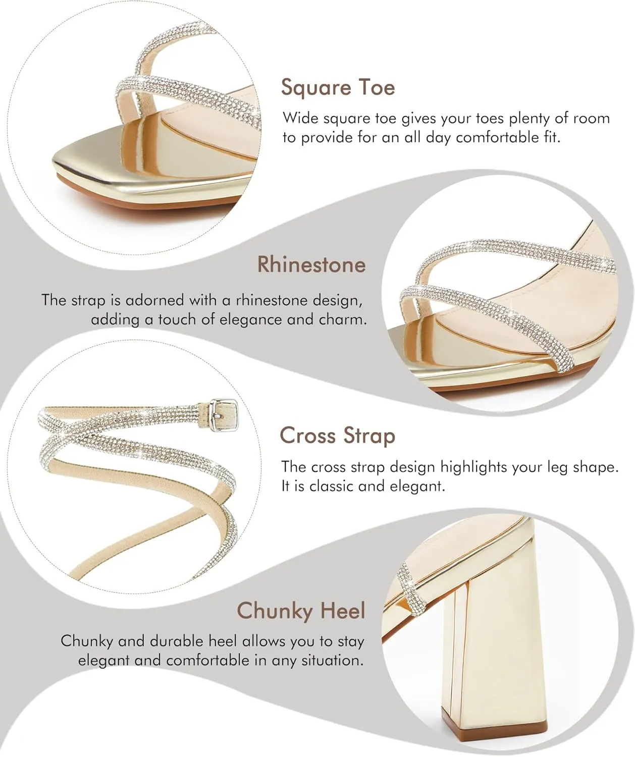 Coutgo Womens Lace Up Chunky Heels Rhinestone Sandals Square Open Toe High Block Heeled Wedding Dress Shoes