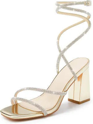 Coutgo Womens Lace Up Chunky Heels Rhinestone Sandals Square Open Toe High Block Heeled Wedding Dress Shoes