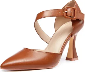 Coutgo Women's One Cross Strap Pumps Pointed Toe Stiletto High Heels Buckle Strap Dress Party Wedding Shoes