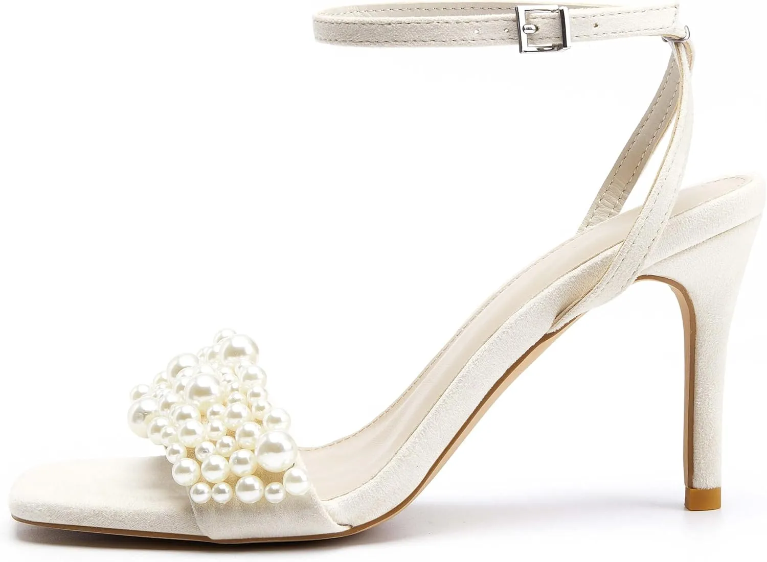 Coutgo Women's Open Toe Heeled Sandals Pearl Strap Stiletto Heel Ankle Buckle Strap Summer Shoes Pumps