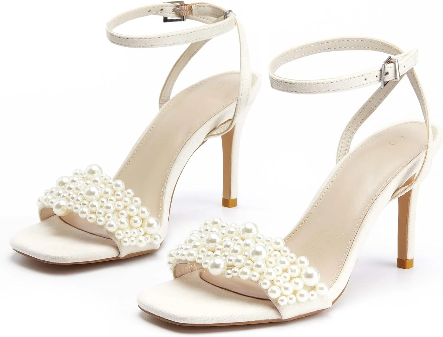 Coutgo Women's Open Toe Heeled Sandals Pearl Strap Stiletto Heel Ankle Buckle Strap Summer Shoes Pumps