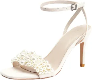 Coutgo Women's Open Toe Heeled Sandals Pearl Strap Stiletto Heel Ankle Buckle Strap Summer Shoes Pumps