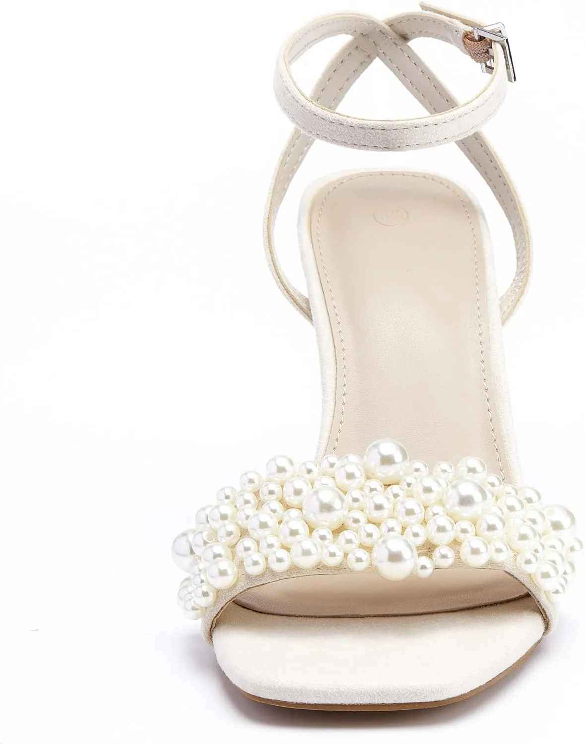 Coutgo Women's Open Toe Heeled Sandals Pearl Strap Stiletto Heel Ankle Buckle Strap Summer Shoes Pumps