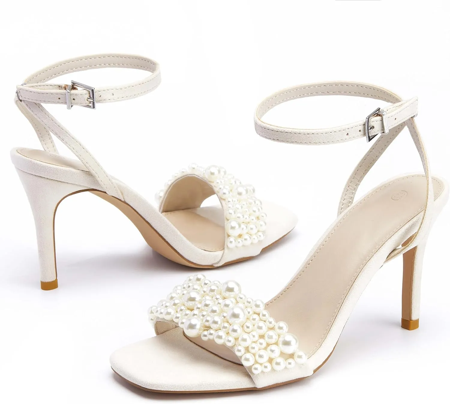 Coutgo Women's Open Toe Heeled Sandals Pearl Strap Stiletto Heel Ankle Buckle Strap Summer Shoes Pumps
