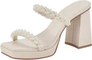 Coutgo Women's Pearl Sandals Platform Chunky High Heels Square Open Toe Strappy Slip On Slides