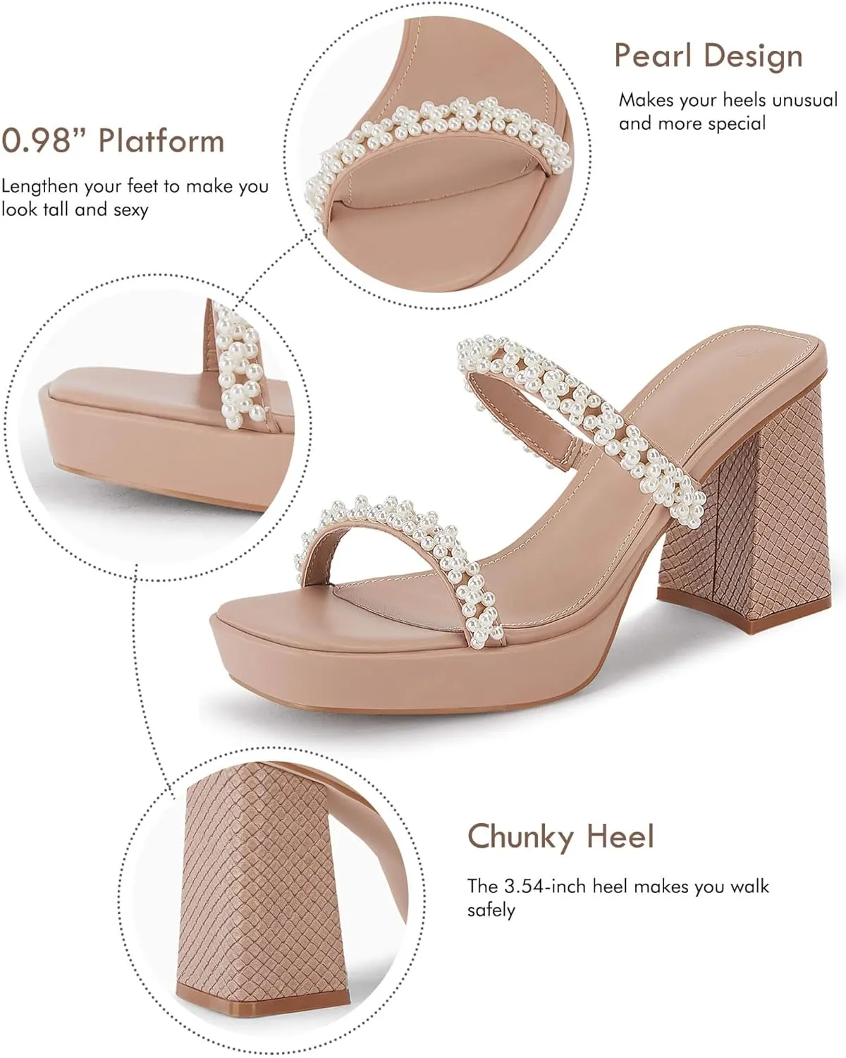 Coutgo Women's Pearl Sandals Platform Chunky High Heels Square Open Toe Strappy Slip On Slides