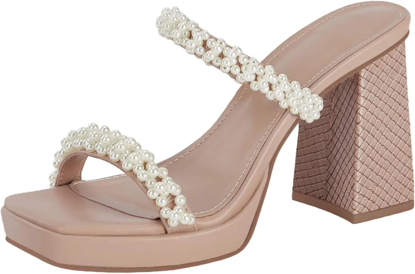 Coutgo Women's Pearl Sandals Platform Chunky High Heels Square Open Toe Strappy Slip On Slides