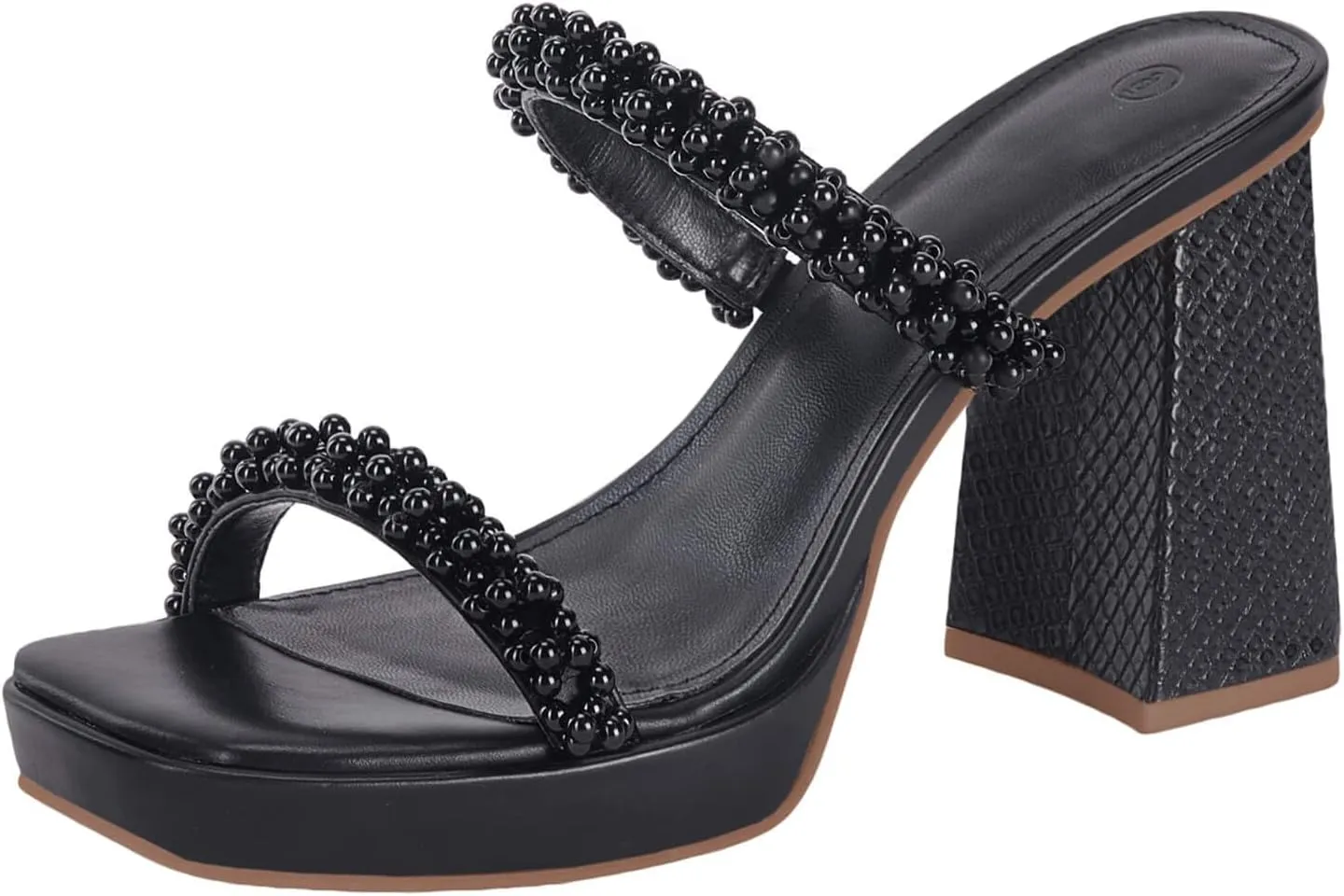 Coutgo Women's Pearl Sandals Platform Chunky High Heels Square Open Toe Strappy Slip On Slides