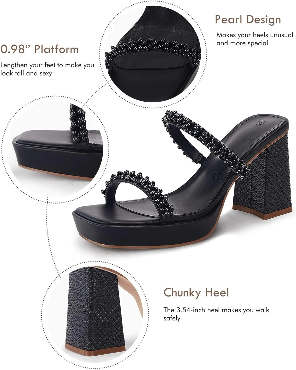 Coutgo Women's Pearl Sandals Platform Chunky High Heels Square Open Toe Strappy Slip On Slides