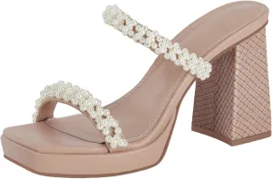 Coutgo Women's Pearl Sandals Platform Chunky High Heels Square Open Toe Strappy Slip On Slides