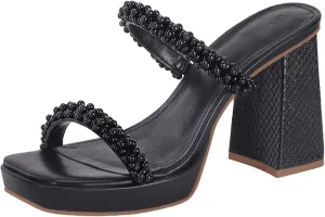 Coutgo Women's Pearl Sandals Platform Chunky High Heels Square Open Toe Strappy Slip On Slides