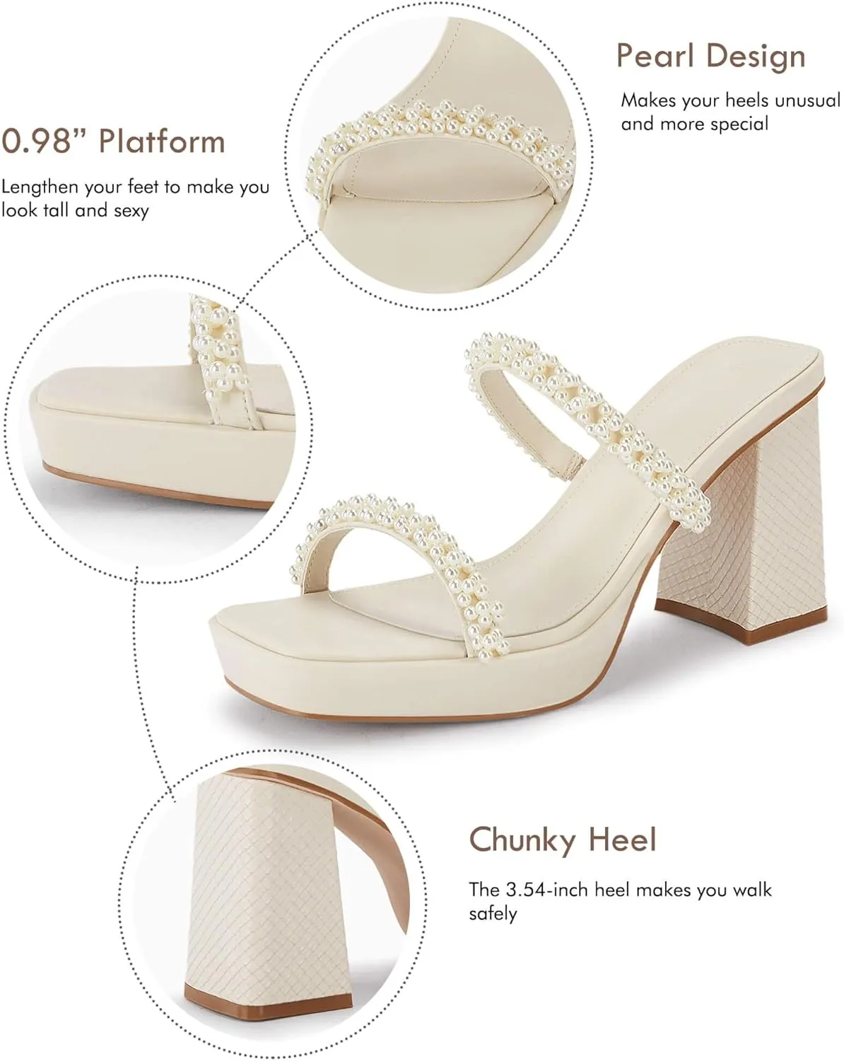 Coutgo Women's Pearl Sandals Platform Chunky High Heels Square Open Toe Strappy Slip On Slides